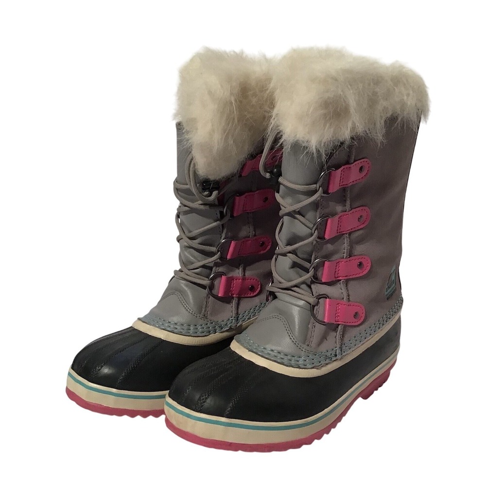Sorel Waterproof Winter Boots Grey Pink Fur‎ Trim Lace Up Women's Size 5